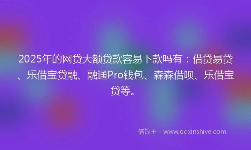 2025年的网贷大额贷款容易下款吗有:借贷易贷、乐借宝贷融、融通Pro钱包、森森借呗、乐借宝贷等。