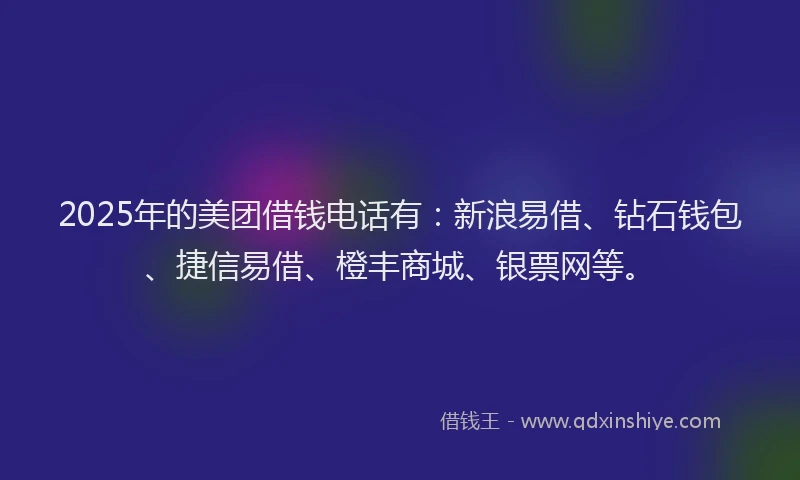 2025年的美团借钱电话有：新浪易借、钻石钱包、捷信易借、橙丰商城、银票网等。