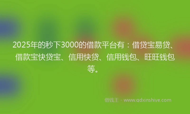 2025年的秒下3000的借款平台有:借贷宝易贷、借款宝快贷宝、信用快贷、信用钱包、旺旺钱包等。