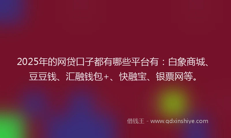 2025年的网贷口子都有哪些平台有：白象商城、豆豆钱、汇融钱包+、快融宝、银票网等。