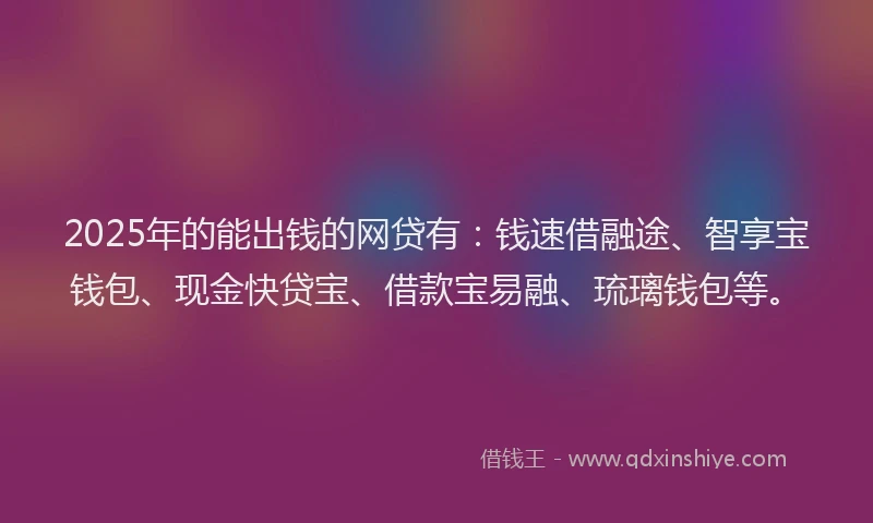 2025年的能出钱的网贷有:钱速借融途、智享宝钱包、现金快贷宝、借款宝易融、琉璃钱包等。