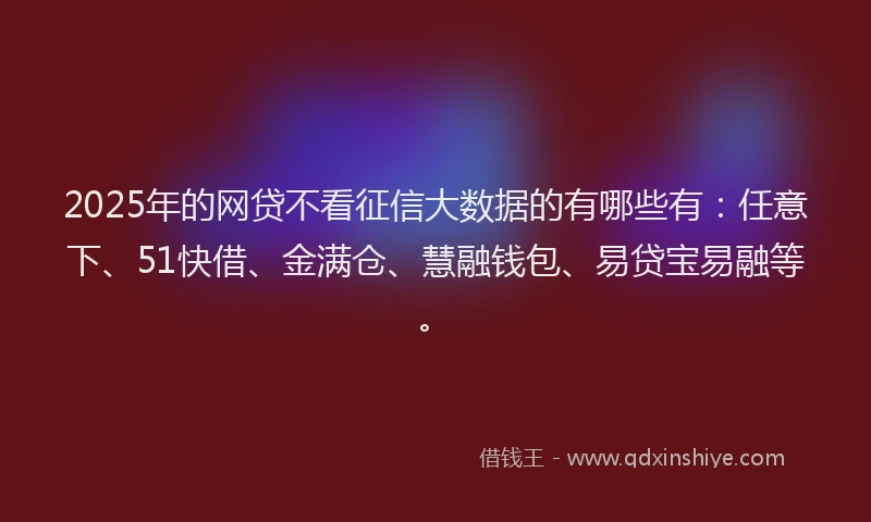 2025年的网贷不看征信大数据的有哪些有：任意下、51快借、金满仓、慧融钱包、易贷宝易融等。
