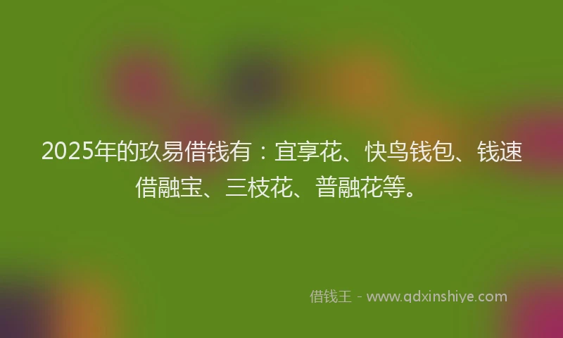 2025年的玖易借钱有:宜享花、快鸟钱包、钱速借融宝、三枝花、普融花等。