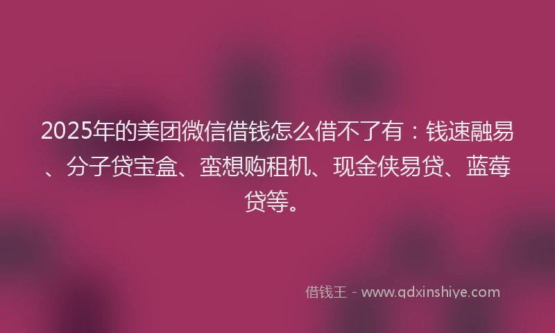2025年的美团微信借钱怎么借不了有：钱速融易、分子贷宝盒、蛮想购租机、现金侠易贷、蓝莓贷等。