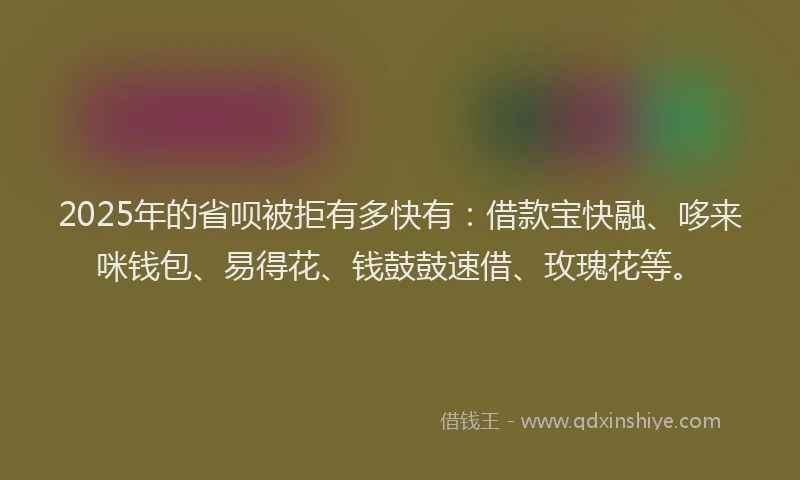 2025年的省呗被拒有多快有：借款宝快融、哆来咪钱包、易得花、钱鼓鼓速借、玫瑰花等。