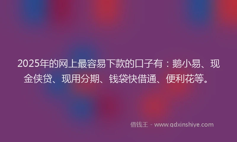 2025年的网上最容易下款的口子有：鹅小易、现金侠贷、现用分期、钱袋快借通、便利花等。