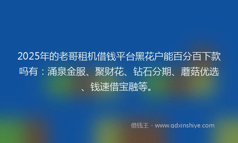 2025年的老哥租机借钱平台黑花户能百分百下款吗有：涌泉金服、聚财花、钻石分期、蘑菇优选、钱速借宝融等。