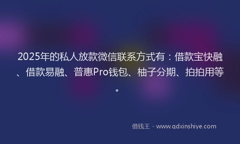 2025年的私人放款微信联系方式有:借款宝快融、借款易融、普惠Pro钱包、柚子分期、拍拍用等。