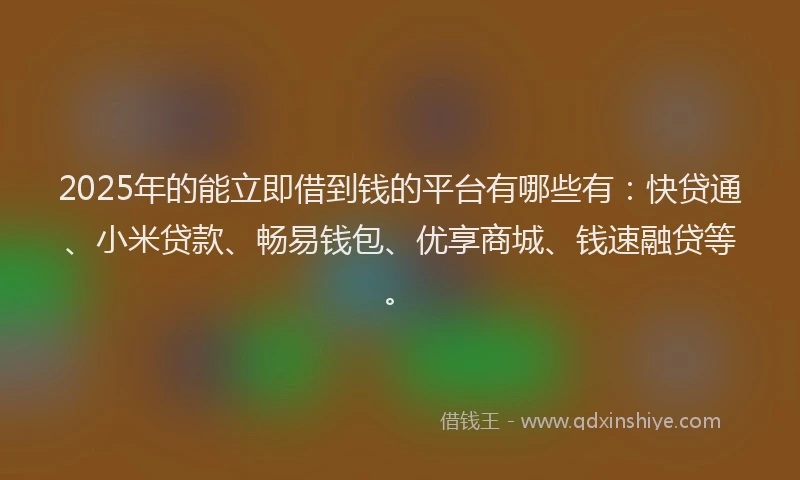 2025年的能立即借到钱的平台有哪些有：快贷通、小米贷款、畅易钱包、优享商城、钱速融贷等。