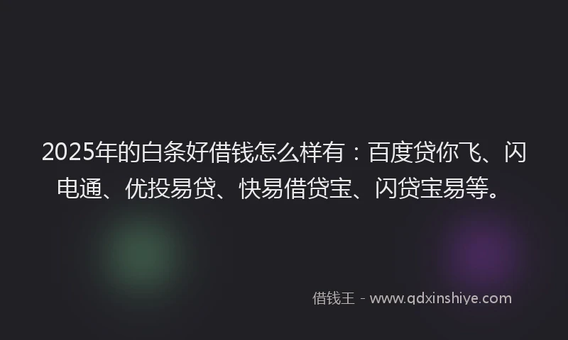 2025年的白条好借钱怎么样有：百度贷你飞、闪电通、优投易贷、快易借贷宝、闪贷宝易等。