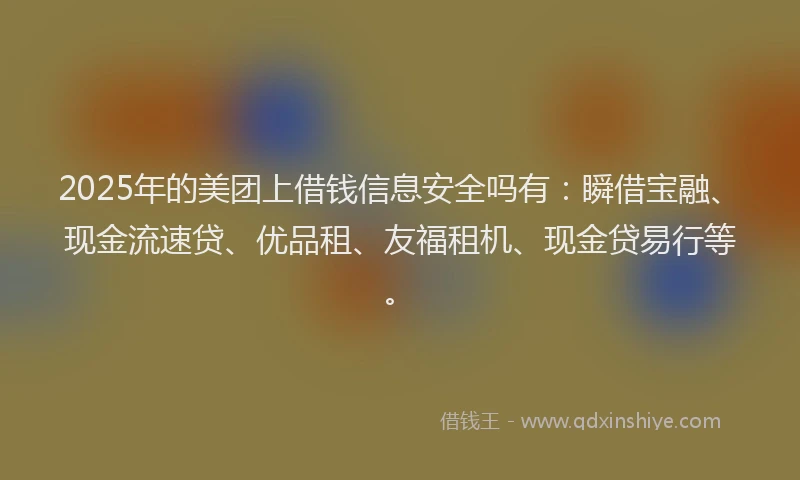 2025年的美团上借钱信息安全吗有:瞬借宝融、现金流速贷、优品租、友福租机、现金贷易行等。