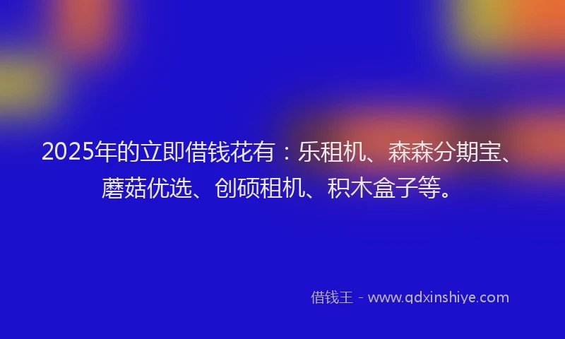 2025年的立即借钱花有：乐租机、森森分期宝、蘑菇优选、创硕租机、积木盒子等。