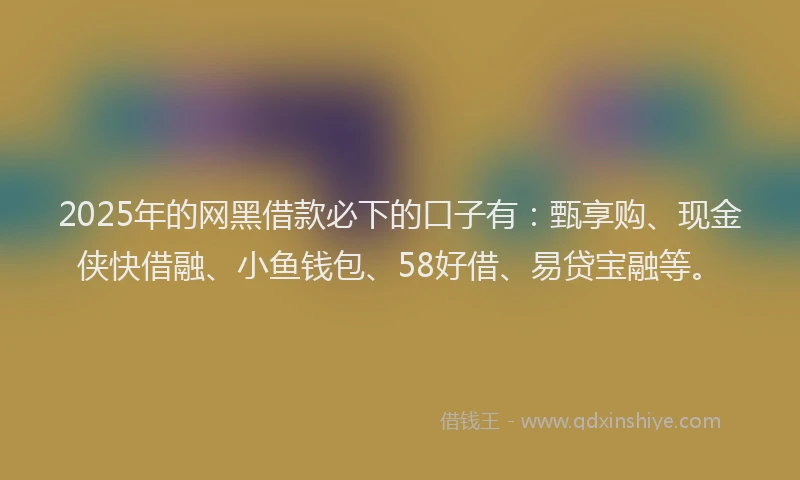 2025年的网黑借款必下的口子有:甄享购、现金侠快借融、小鱼钱包、58好借、易贷宝融等。