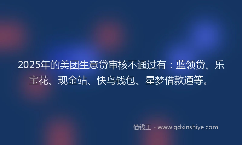 2025年的美团生意贷审核不通过有:蓝领贷、乐宝花、现金站、快鸟钱包、星梦借款通等。
