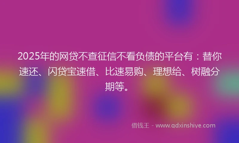 2025年的网贷不查征信不看负债的平台有：替你速还、闪贷宝速借、比速易购、理想给、树融分期等。