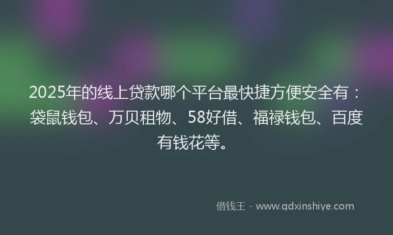 2025年的线上贷款哪个平台最快捷方便安全有：袋鼠钱包、万贝租物、58好借、福禄钱包、百度有钱花等。