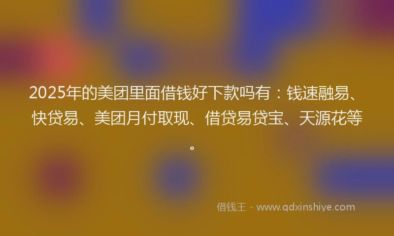 2025年的美团里面借钱好下款吗有：钱速融易、快贷易、美团月付取现、借贷易贷宝、天源花等。