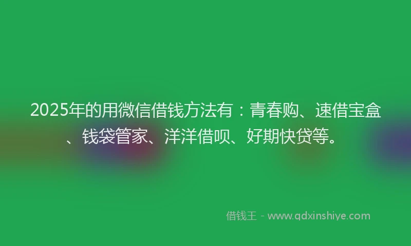 2025年的用微信借钱方法有：青春购、速借宝盒、钱袋管家、洋洋借呗、好期快贷等。