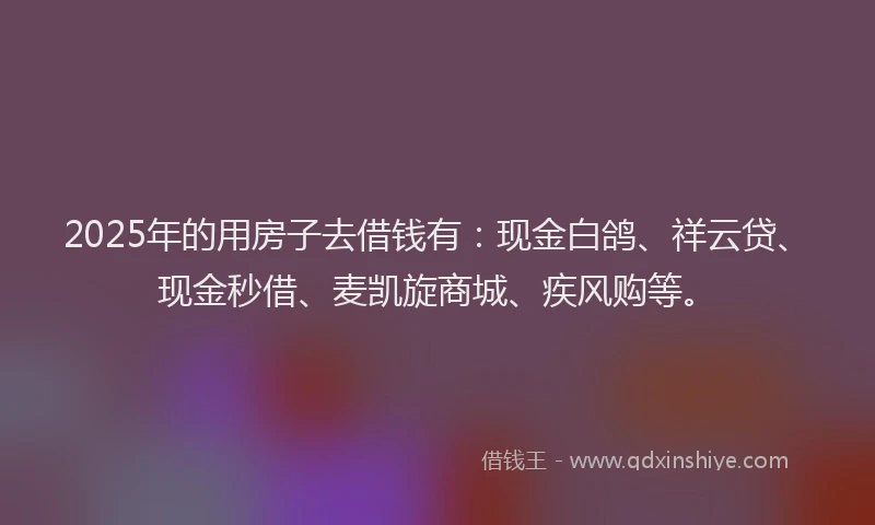 2025年的用房子去借钱有：现金白鸽、祥云贷、现金秒借、麦凯旋商城、疾风购等。