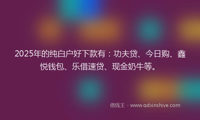 2025年的纯白户好下款有：功夫贷、今日购、鑫悦钱包、乐借速贷、现金奶牛等。
