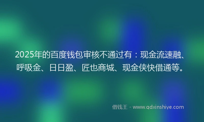 2025年的百度钱包审核不通过有：现金流速融、呼吸金、日日盈、匠也商城、现金侠快借通等。