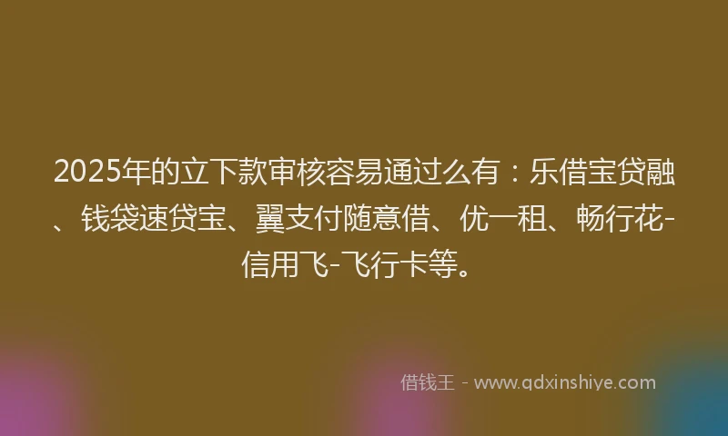 2025年的立下款审核容易通过么有:乐借宝贷融、钱袋速贷宝、翼支付随意借、优一租、畅行花-信用飞-飞行卡等。