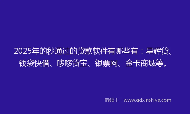 2025年的秒通过的贷款软件有哪些有：星辉贷、钱袋快借、哆哆贷宝、银票网、金卡商城等。