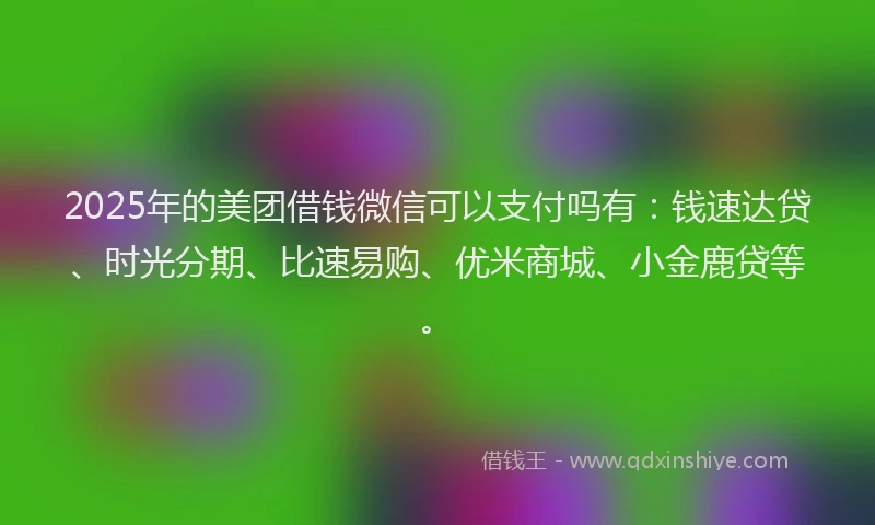 2025年的美团借钱微信可以支付吗有:钱速达贷、时光分期、比速易购、优米商城、小金鹿贷等。