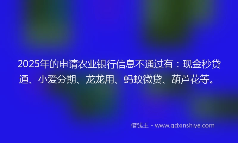 2025年的申请农业银行信息不通过有：现金秒贷通、小爱分期、龙龙用、蚂蚁微贷、葫芦花等。
