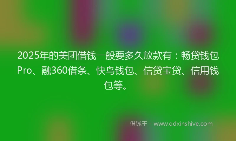 2025年的美团借钱一般要多久放款有：畅贷钱包Pro、融360借条、快鸟钱包、信贷宝贷、信用钱包等。