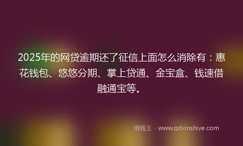 2025年的网贷逾期还了征信上面怎么消除有：惠花钱包、悠悠分期、掌上贷通、金宝盒、钱速借融通宝等。
