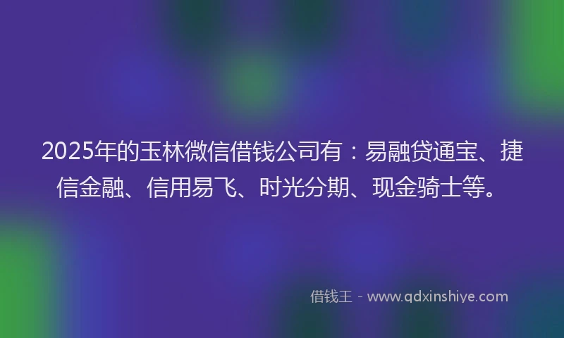 2025年的玉林微信借钱公司有：易融贷通宝、捷信金融、信用易飞、时光分期、现金骑士等。