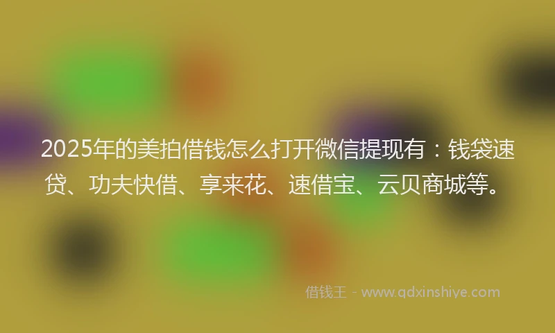 2025年的美拍借钱怎么打开微信提现有:钱袋速贷、功夫快借、享来花、速借宝、云贝商城等。