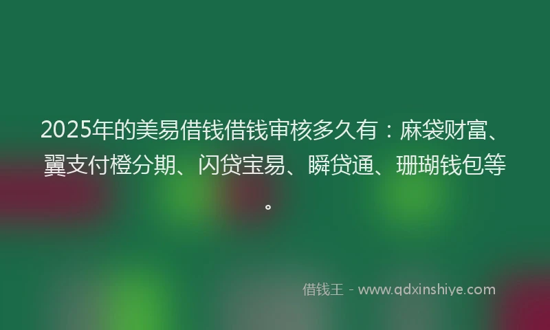 2025年的美易借钱借钱审核多久有：麻袋财富、翼支付橙分期、闪贷宝易、瞬贷通、珊瑚钱包等。