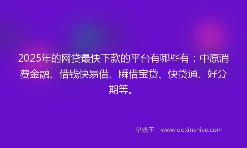 2025年的网贷最快下款的平台有哪些有：中原消费金融、借钱快易借、瞬借宝贷、快贷通、好分期等。
