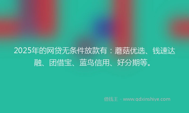 2025年的网贷无条件放款有：蘑菇优选、钱速达融、团借宝、蓝鸟信用、好分期等。