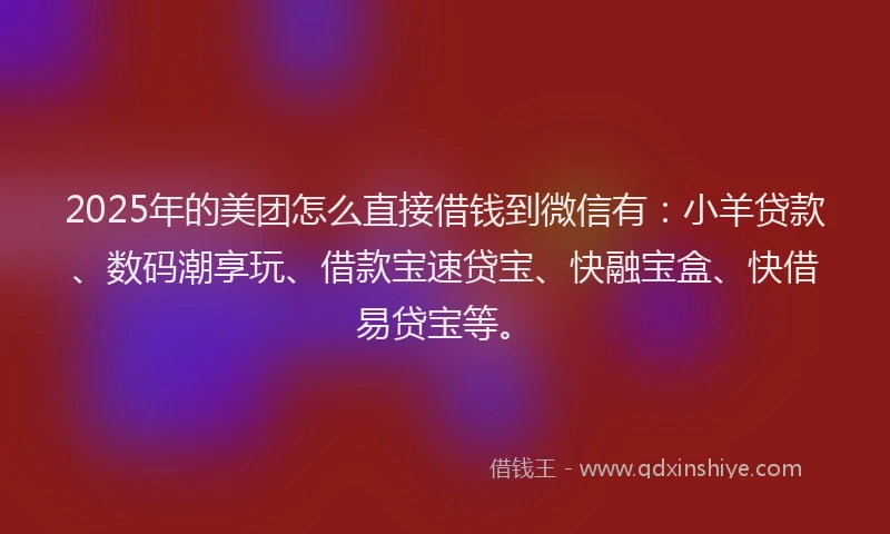 2025年的美团怎么直接借钱到微信有：小羊贷款、数码潮享玩、借款宝速贷宝、快融宝盒、快借易贷宝等。
