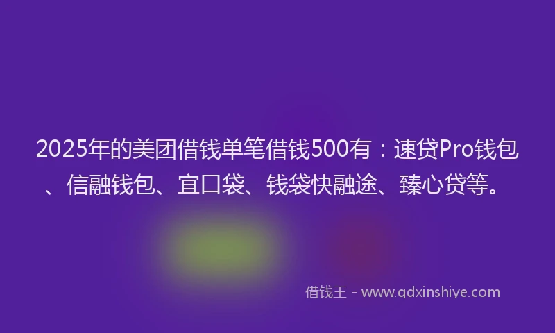 2025年的美团借钱单笔借钱500有:速贷Pro钱包、信融钱包、宜口袋、钱袋快融途、臻心贷等。