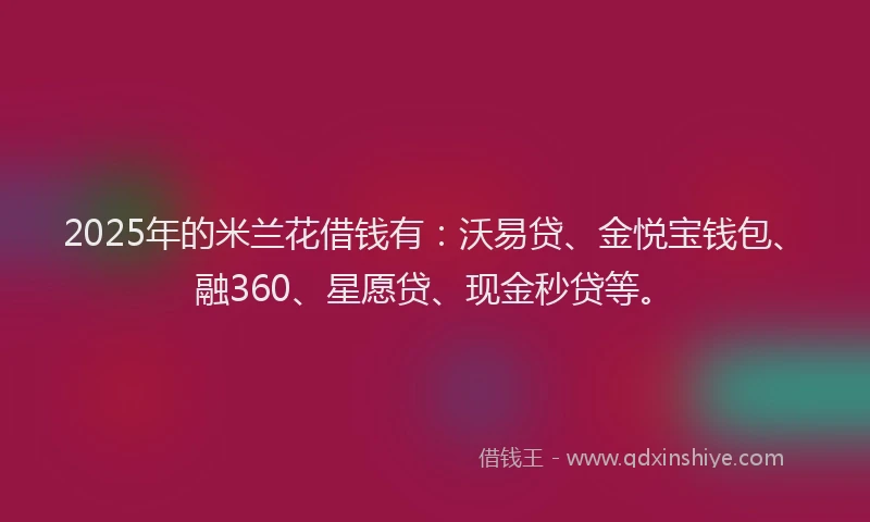 2025年的米兰花借钱有:沃易贷、金悦宝钱包、融360、星愿贷、现金秒贷等。
