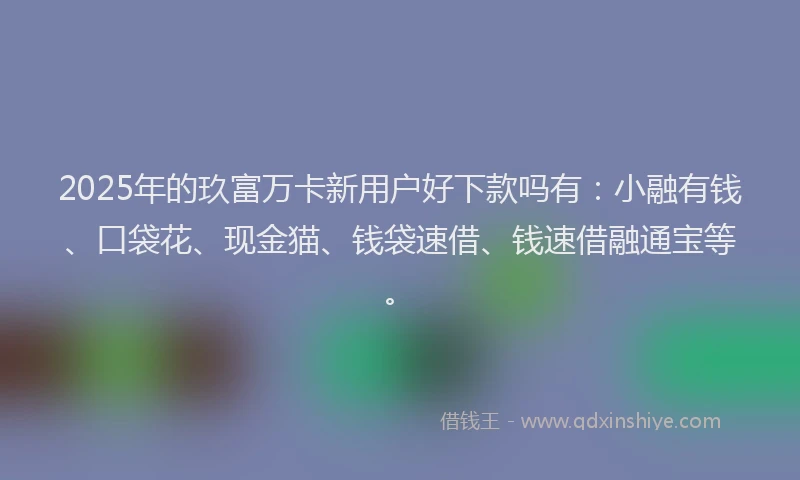 2025年的玖富万卡新用户好下款吗有：小融有钱、口袋花、现金猫、钱袋速借、钱速借融通宝等。
