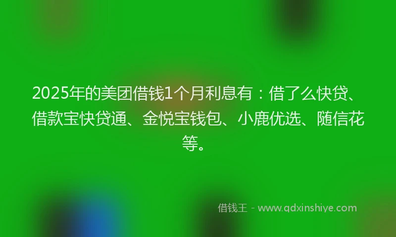 2025年的美团借钱1个月利息有：借了么快贷、借款宝快贷通、金悦宝钱包、小鹿优选、随信花等。