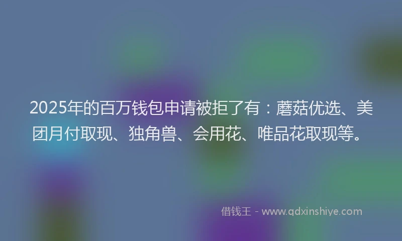 2025年的百万钱包申请被拒了有:蘑菇优选、美团月付取现、独角兽、会用花、唯品花取现等。