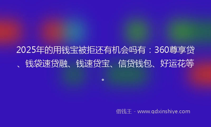2025年的用钱宝被拒还有机会吗有：360尊享贷、钱袋速贷融、钱速贷宝、信贷钱包、好运花等。