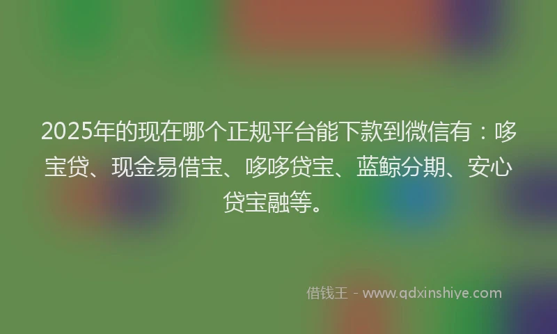 2025年的现在哪个正规平台能下款到微信有:哆宝贷、现金易借宝、哆哆贷宝、蓝鲸分期、安心贷宝融等。