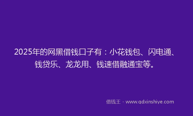 2025年的网黑借钱口子有:小花钱包、闪电通、钱贷乐、龙龙用、钱速借融通宝等。