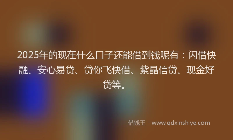 2025年的现在什么口子还能借到钱呢有:闪借快融、安心易贷、贷你飞快借、紫晶信贷、现金好贷等。