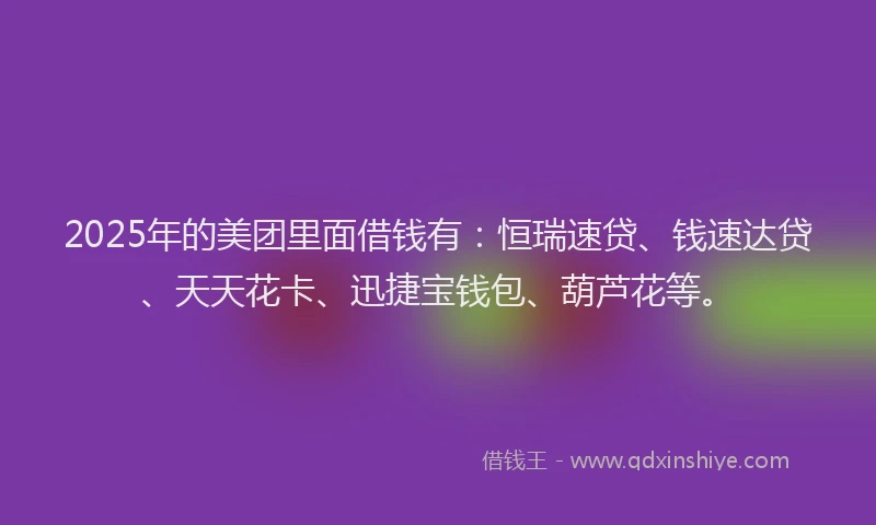 2025年的美团里面借钱有:恒瑞速贷、钱速达贷、天天花卡、迅捷宝钱包、葫芦花等。