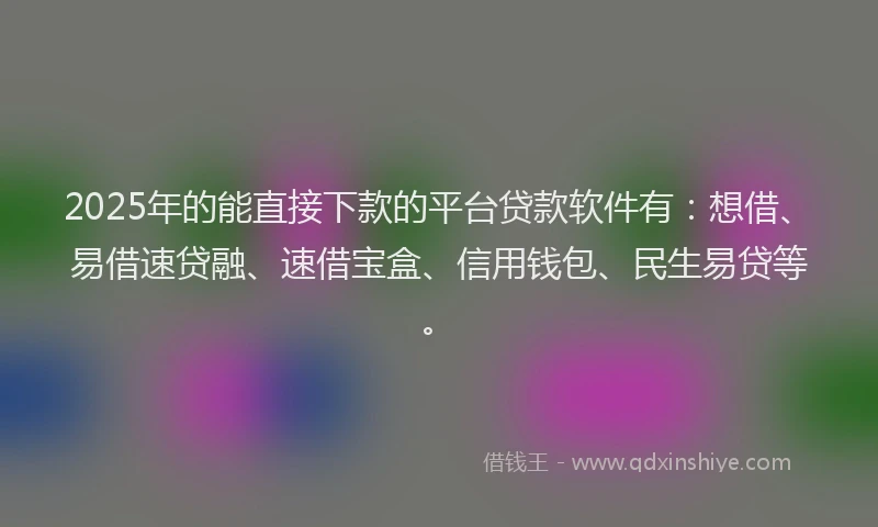 2025年的能直接下款的平台贷款软件有：想借、易借速贷融、速借宝盒、信用钱包、民生易贷等。