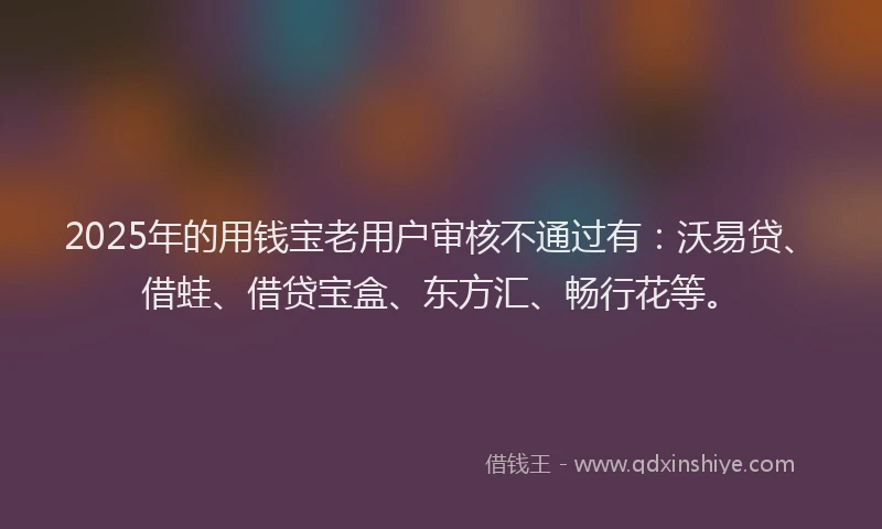 2025年的用钱宝老用户审核不通过有:沃易贷、借蛙、借贷宝盒、东方汇、畅行花等。
