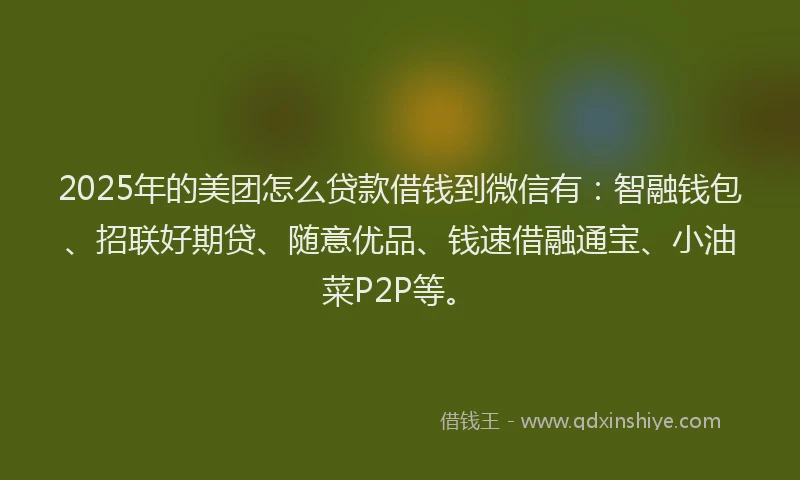 2025年的美团怎么贷款借钱到微信有：智融钱包、招联好期贷、随意优品、钱速借融通宝、小油菜P2P等。
